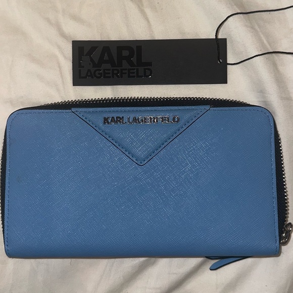 Karl Lagerfeld Zip Around Leather Wallet Blue NWT - Picture 2 of 7